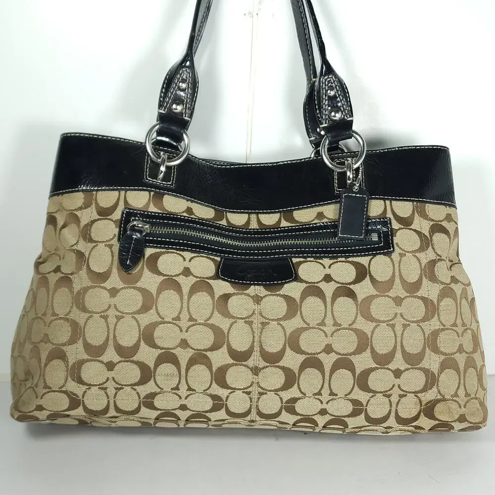 Coach Penelope Signature Large Brown Canvas Leather Satchel Handbag Bag